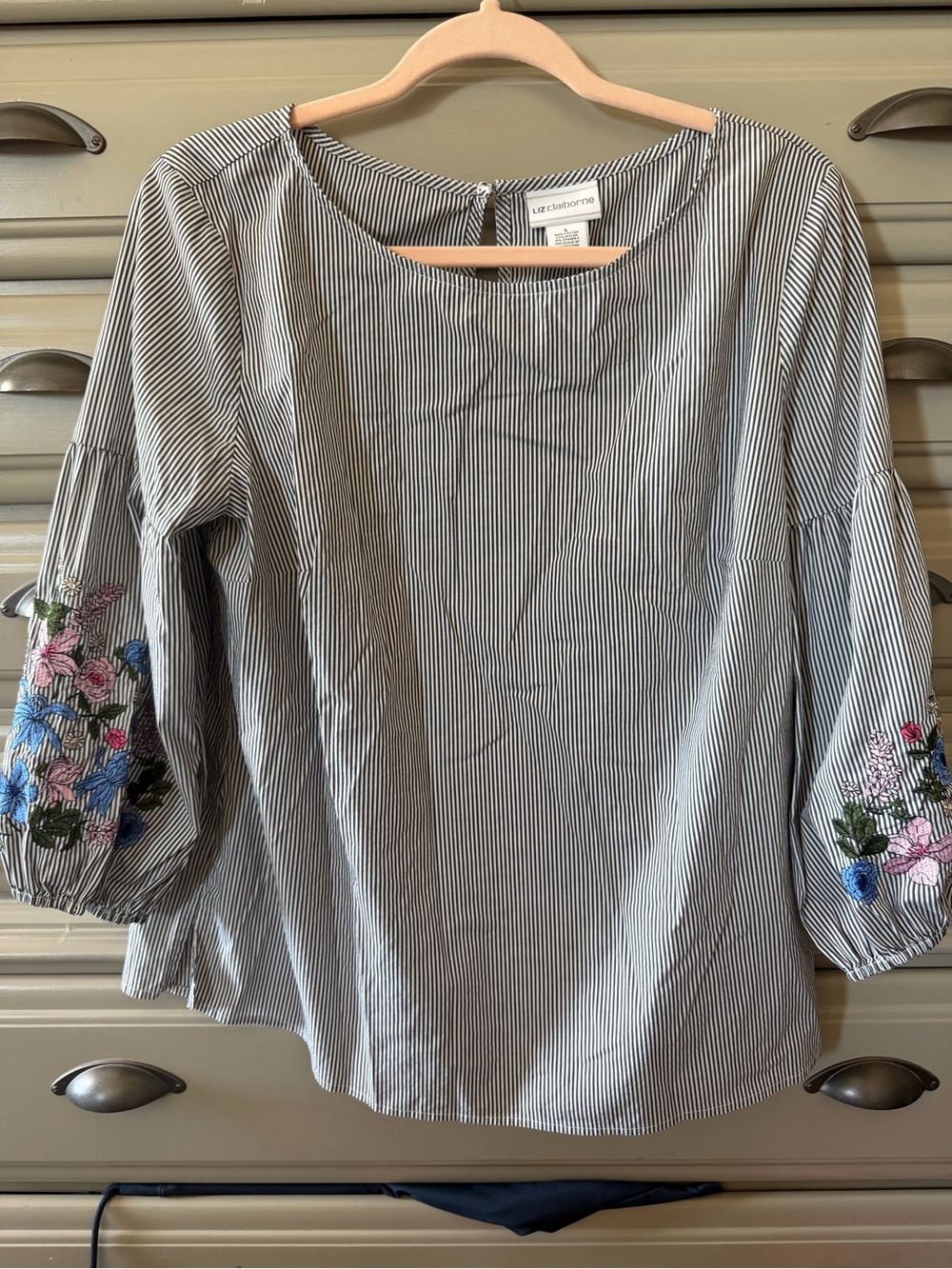 Liz Claiborne Black & White Pinstripe Blouse with Floral Embroidered Sleeves